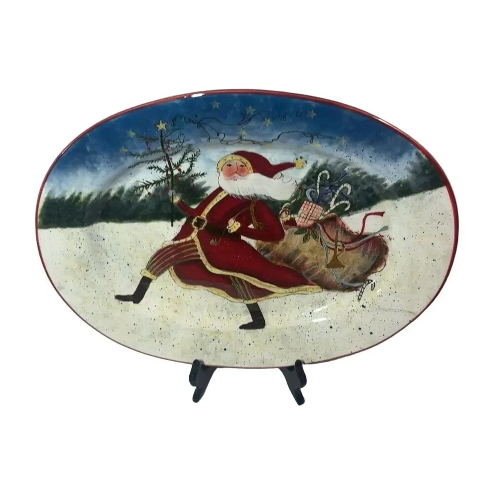 Certified International Enchanted Santa Oval Serving Platter 14x10 in Red
